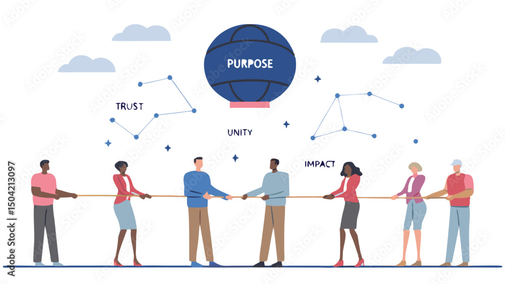Poster a group of people pulling a rope towards a globe with purpose unity trust and impact written on it