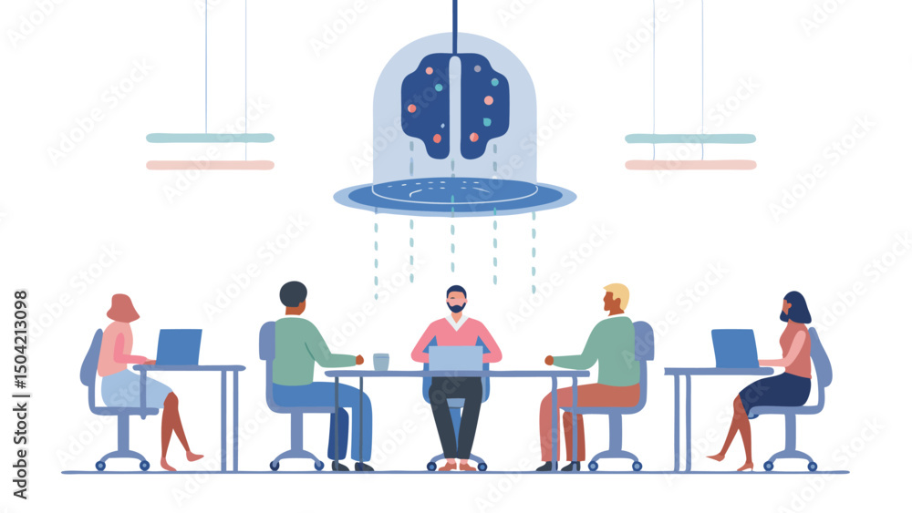 Poster a meeting with a brain hovering above the table with people working on laptops in a bright room sett