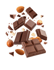 Flying chocolate bars with almonds and crumbs isolated on black background