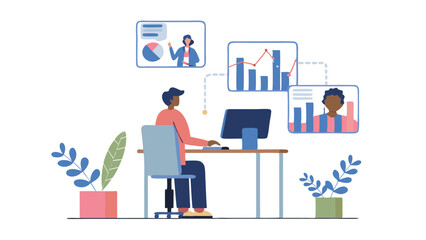 A person at a desk working on a computer with graphs and charts displayed on the screen and video calls