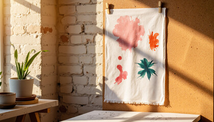Colorful watercolor prints displayed on bulletin board in sunlight  