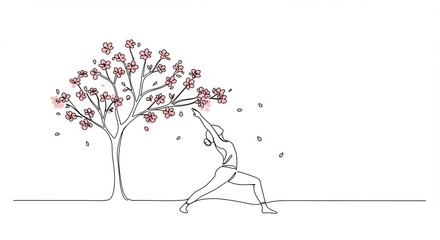 Woman Doing Yoga Under a Flowering Tree - Minimalist Line Art