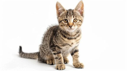 Obraz premium Studio portrait of a sitting tabby cat looking forward against a white back ground.
