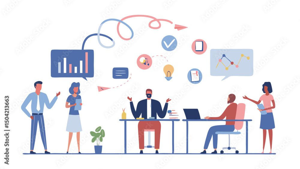 Poster a group of people working together in an office with charts and graphs and a laptop on the table top