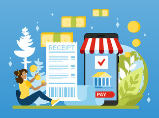 Online payment via a personal account in an online bank. A cash receipt as proof of payment. Cashback when paying online via the smartphone app. Flat vector illustration in cartoon style