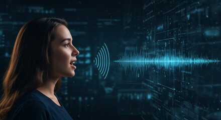 Woman speaking, audio wave displayed for voice recognition tech use, dark scene