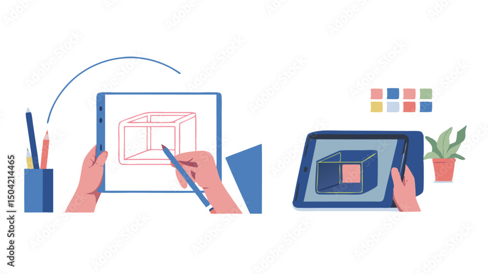 Poster illustration of hands drawing a cube on a tablet next to a tablet displaying a completed cube design
