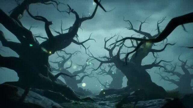 A cinematic animation of a fantasy dark forest filled with thick fog, twisted tree silhouettes, and glowing ambient mist. The scene evokes a magical yet eerie Halloween atmosphere.