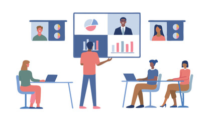 A presentation with charts and graphs being shown to a group of people working on their laptops online