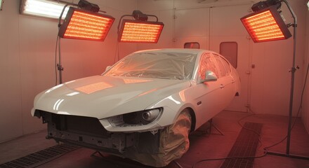 Car panel drying process under heat lamps in automotive body repair shop