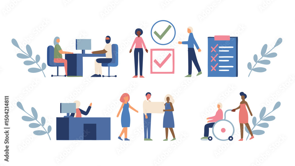 Aufkleber illustration of diverse people in office settings with computers and checklists on a white backgroun
