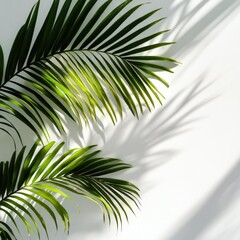 Obraz premium Palm tree leaves casting shadow on white background, minimalist style