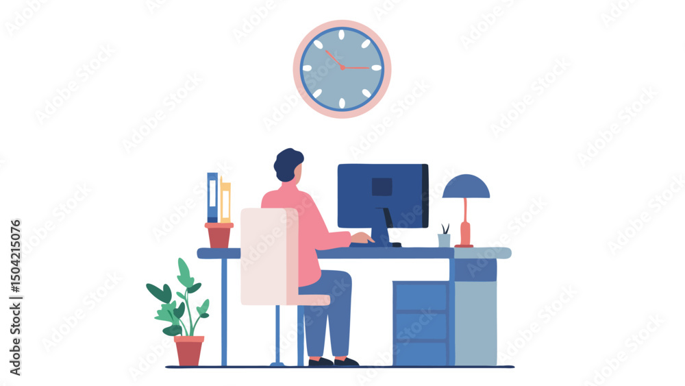 Aufkleber a person working at a desk with a computer monitor lamp and clock on the wall in a bright office spa
