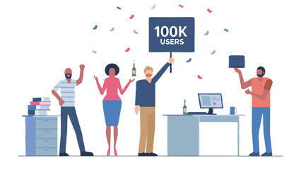 Celebratory office scene with diverse team holding sign computer and confetti for achievment of users milestone