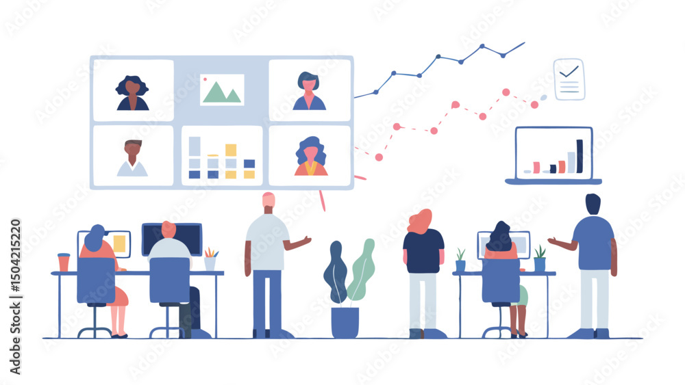 Poster a team meeting in a modern office space with a virtual conference call and data charts displayed nea