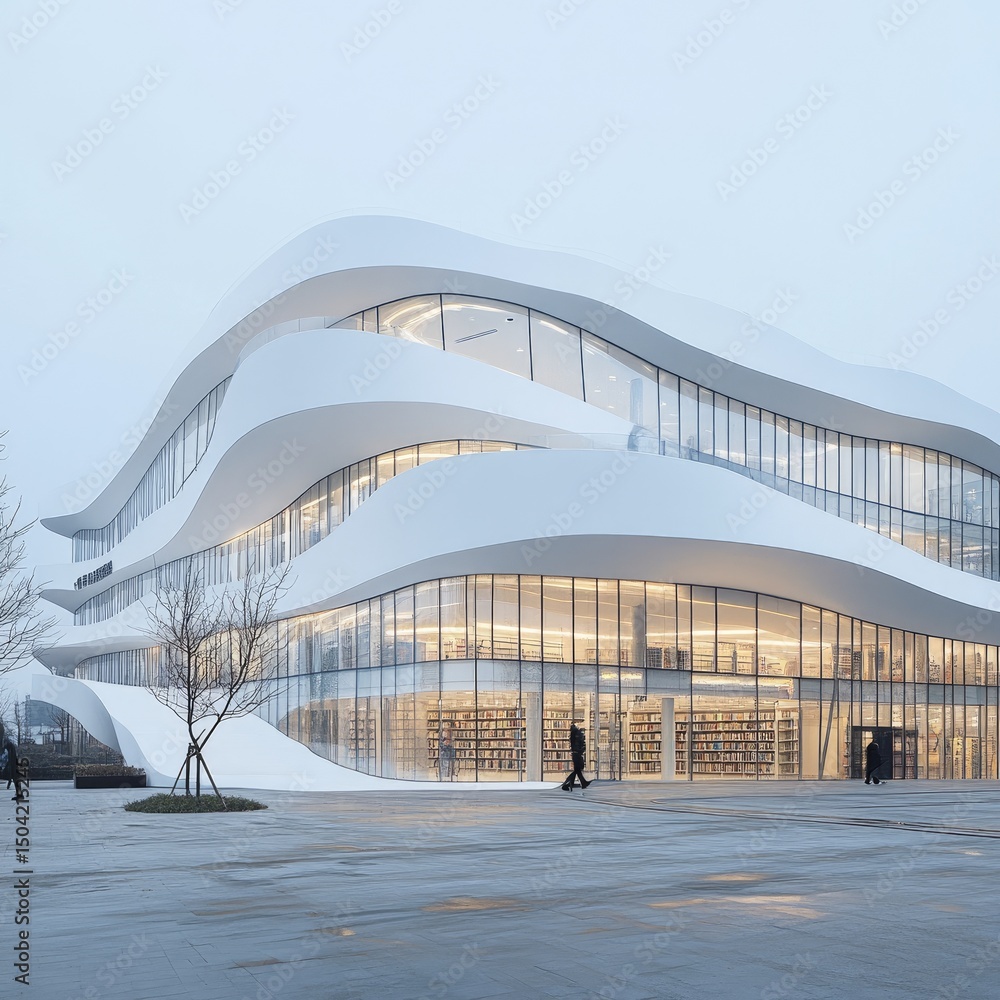 Poster public library architecture with futuristic white curves and large transparent facade