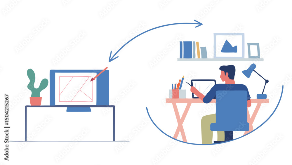 Poster illustration of a man working at a desk with a computer and a cactus in a bright and modern office s
