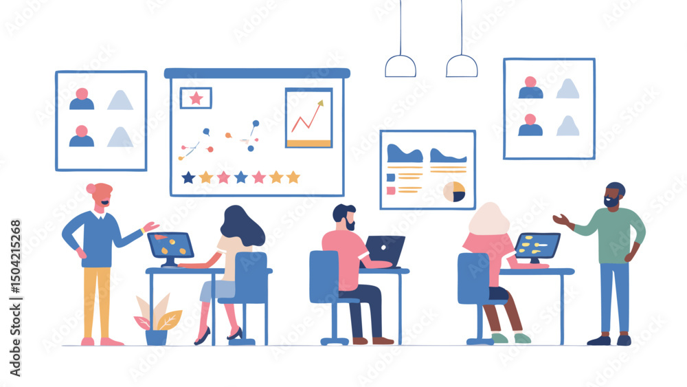 Aufkleber illustration of diverse people in an office setting with computers and presentation charts on the wa