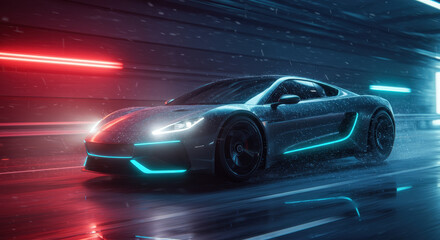 Obraz premium Electric sports car speeds through neon tunnel at night