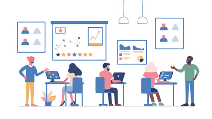 Illustration of diverse people in an office setting with computers and presentation charts on the walls
