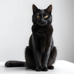 Obraz premium Black cat sitting pretty portrait with yellow eyes on white background studio shot animal pet