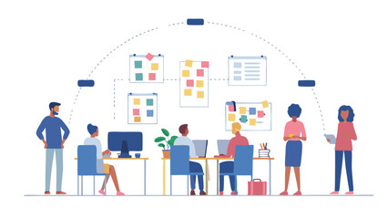 A digital illustration of a diverse team collaborating in a modern office with sticky notes on the wall