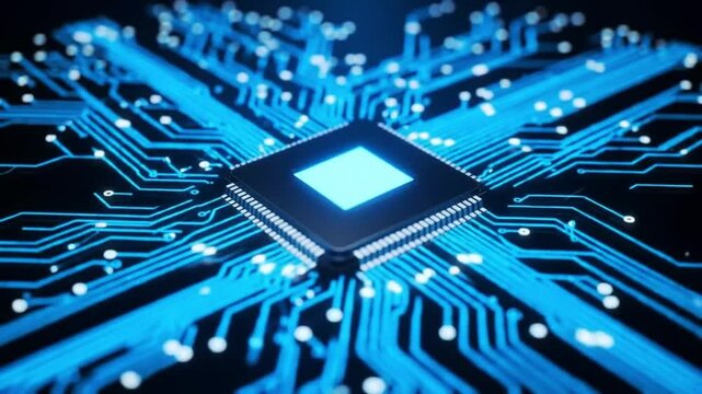 Electronic circuit board. Abstract chip circuit board background. Technology connected blue lines with electronics elements on tech bg. Computer motherboard with a chip, processor, and semiconductor. 