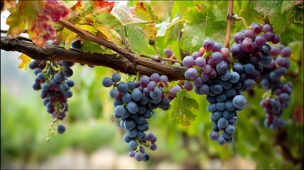 Fototapeta premium Ripe grapes hanging from a vine with colorful leaves.