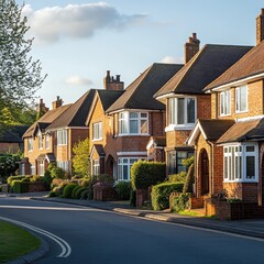 Row of homes with bay windows and brick textures in a British-style estate