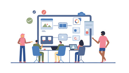 A group of people collaborating on a project with a large screen showing a diagram and data visualization