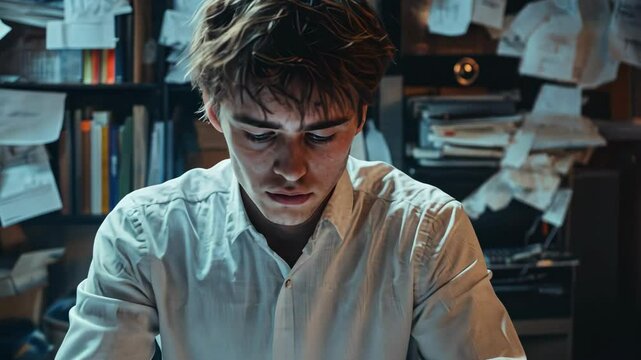 Focused young adult working on laptop at messy desk with piles of documents, paperwork and books.