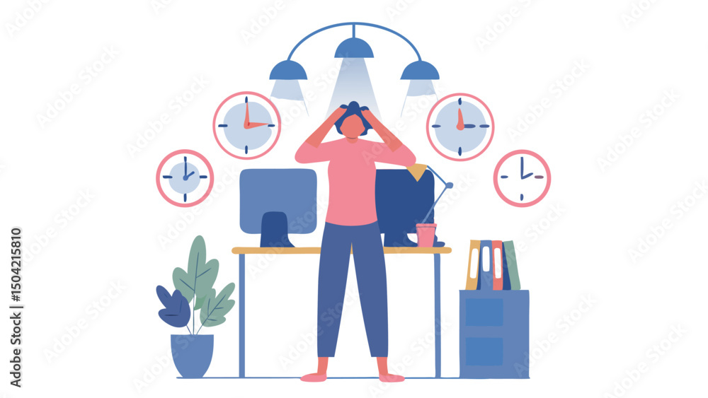 Poster illustration of a stressed person at a desk with clocks around them showing time management issues a