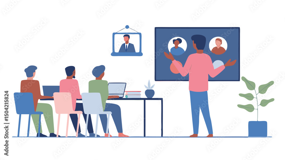 Poster a virtual meeting in progress with four participants and a presenter in a brightly lit room setting