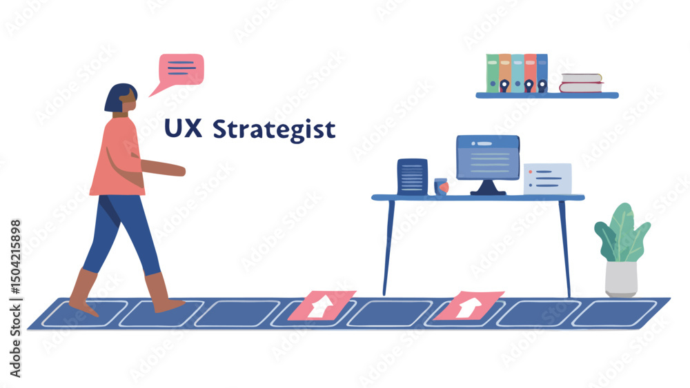 Aufkleber a ux strategist walking on a path with arrows towards a desk with computer and office supplies visib