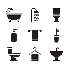 This set of nine black and white silhouette icons depicts various bathroom necessities on white