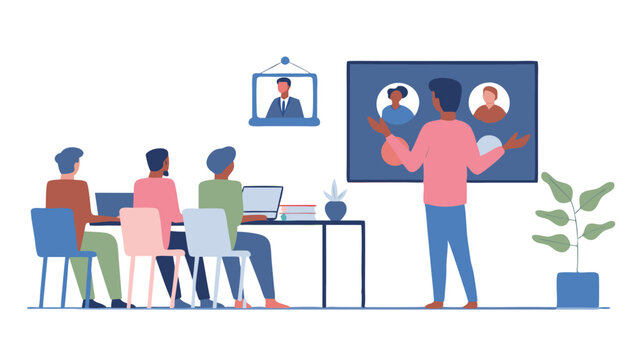 A virtual meeting in progress with four participants and a presenter in a brightly lit room setting