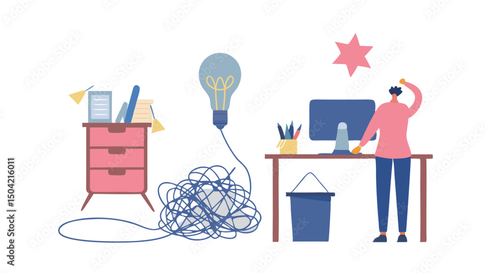 Poster a person standing at a desk with a computer next to a nightstand with a lightbulb and tangled wires