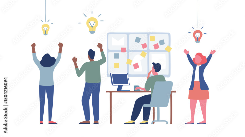 Poster illustration of a group celebrating with light bulbs and a computer on a desk with sticky notes on a