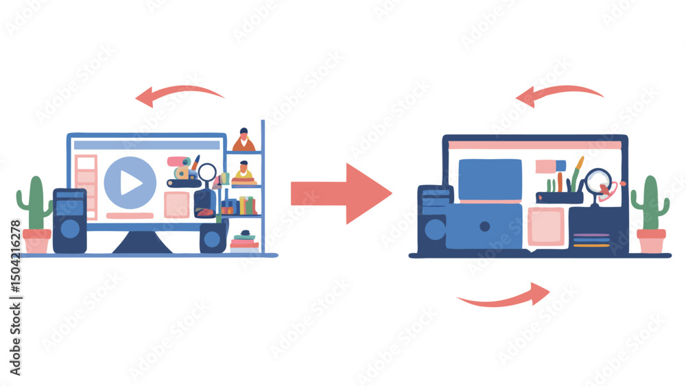 Poster illustration showing a computer monitor and laptop exchanging data with arrows on a white background