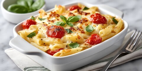 A delicious baked pasta dish with tomatoes, cheese, and fresh basil, served in a white casserole on a marble surface.