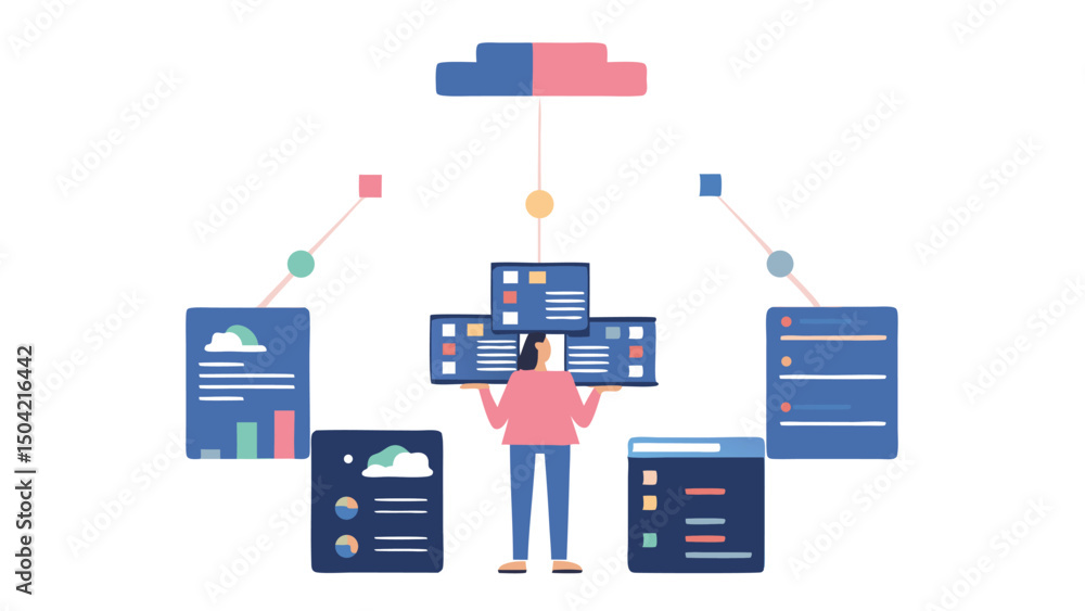 Poster illustration of a person holding multiple screens connected to a cloud with data visualizations show