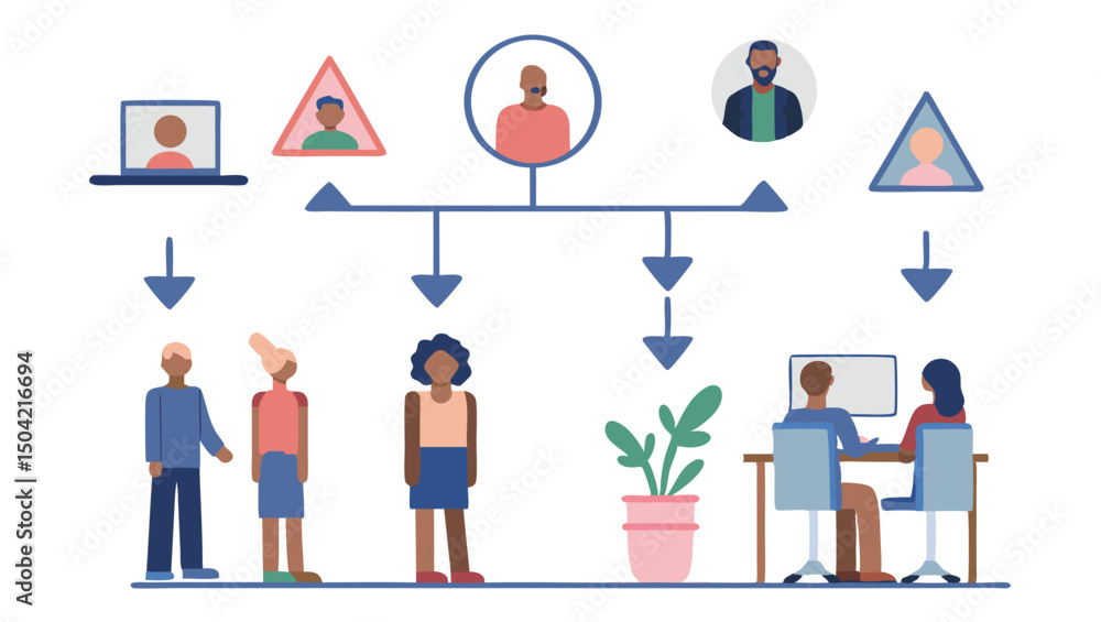 Poster an organization chart showing people in various roles and departments with different communication m