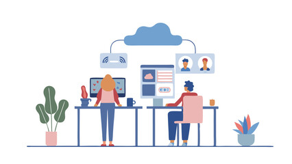 Illustration of two people working at desks connected to a cloud network with screens and plants