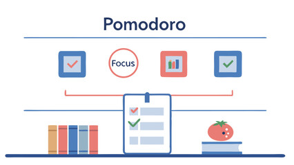 Illustration of pomodoro technique with focus icon and checklist on a shelf with books and tomato
