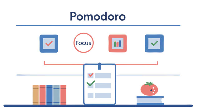 Illustration of pomodoro technique with focus icon and checklist on a shelf with books and tomato