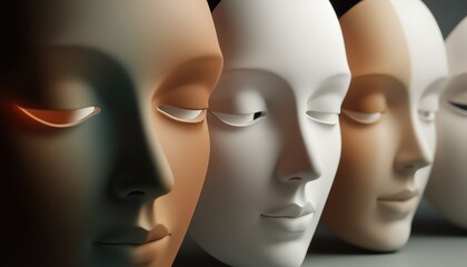 Close-Up View of Artistic Mannequin Faces in Various Skin Tones and Expressions in Soft Lighting