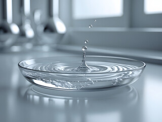 Water droplet impact: A clear glass dish captures the precise moment a water droplet collides with the water's surface.