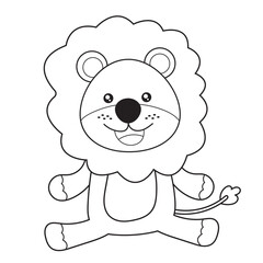 Cute cartoon baby lion sitting, black and white outline. Suitable for children's coloring pages. Safari animal.