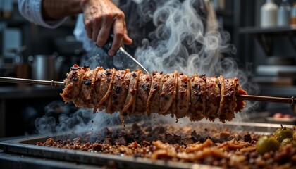 Grilled shawarma meat sizzling on a skewer