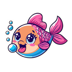 Pink Fish Character with Bubbles Illustration